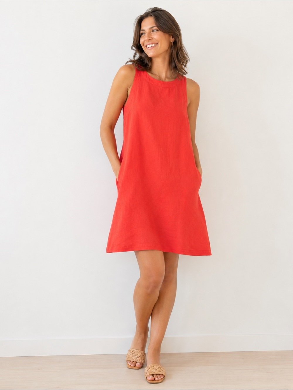 A New Day Orange Coral Linen Blend Sleeveless Shift  Summer Dress XS